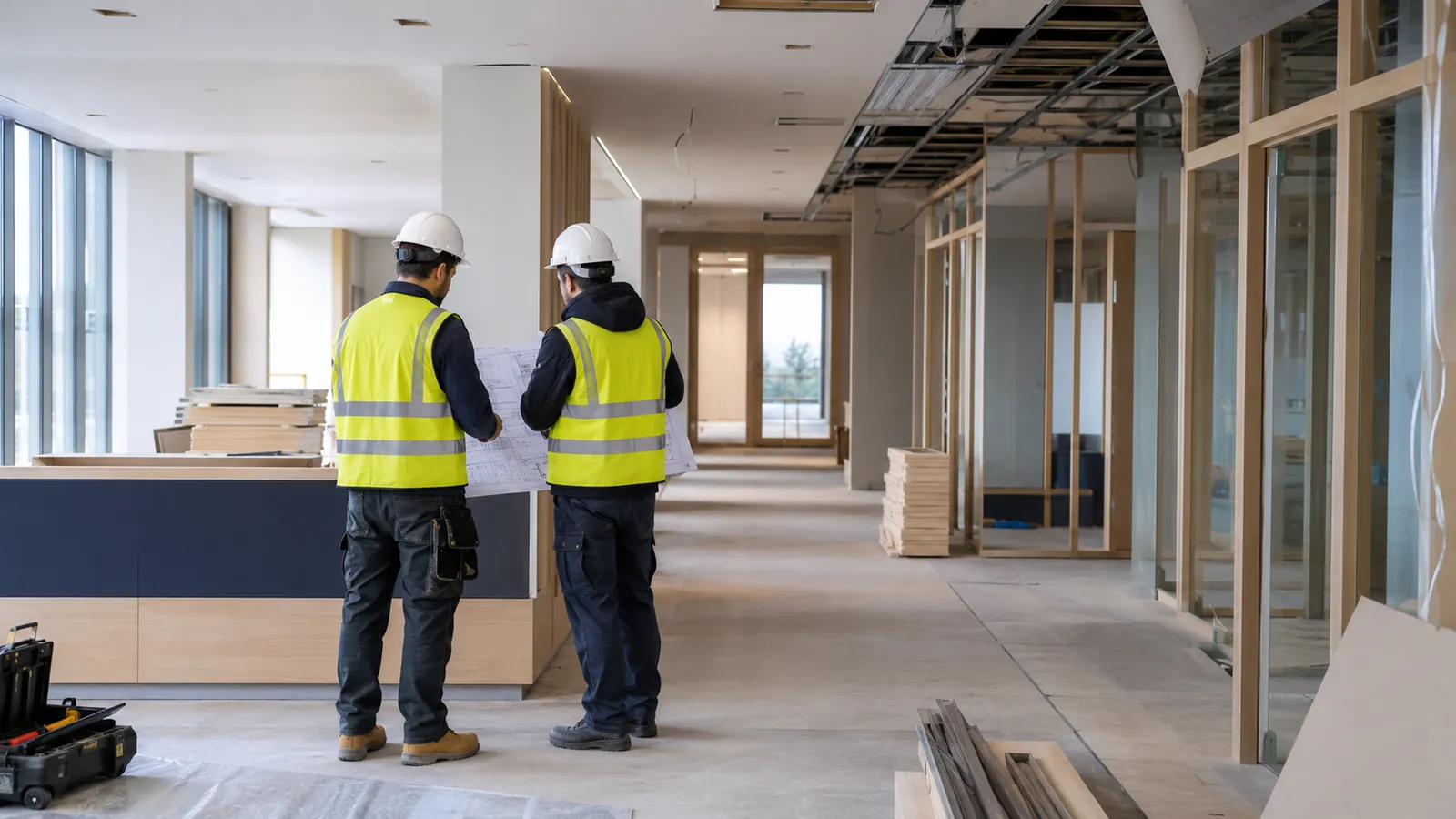 Deux référents FACILITY RENOV étudiant les plans sur un plateau en cours d&rsquo;aménagement